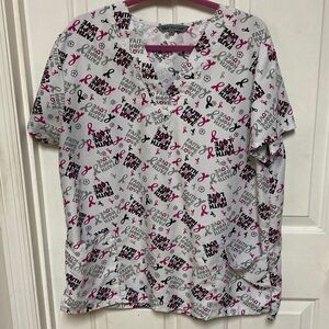 Women's Short Sleeve scrub Top - White with Pink and Black Print